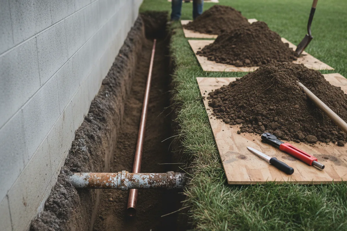 Excavated water line trench during Water Softener Installation in Loyall